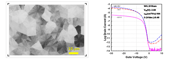 Fig. The optical microscopy image of grain and transfer characteristics of MICC poly-Si TFTs